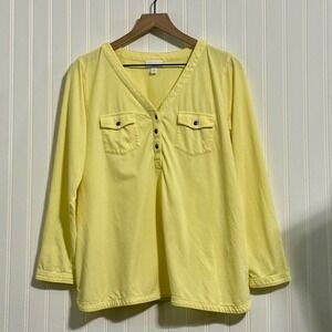 J. Jill Butter Yellow Cotton Henley Top Petite Large L Long Sleeve Pockets